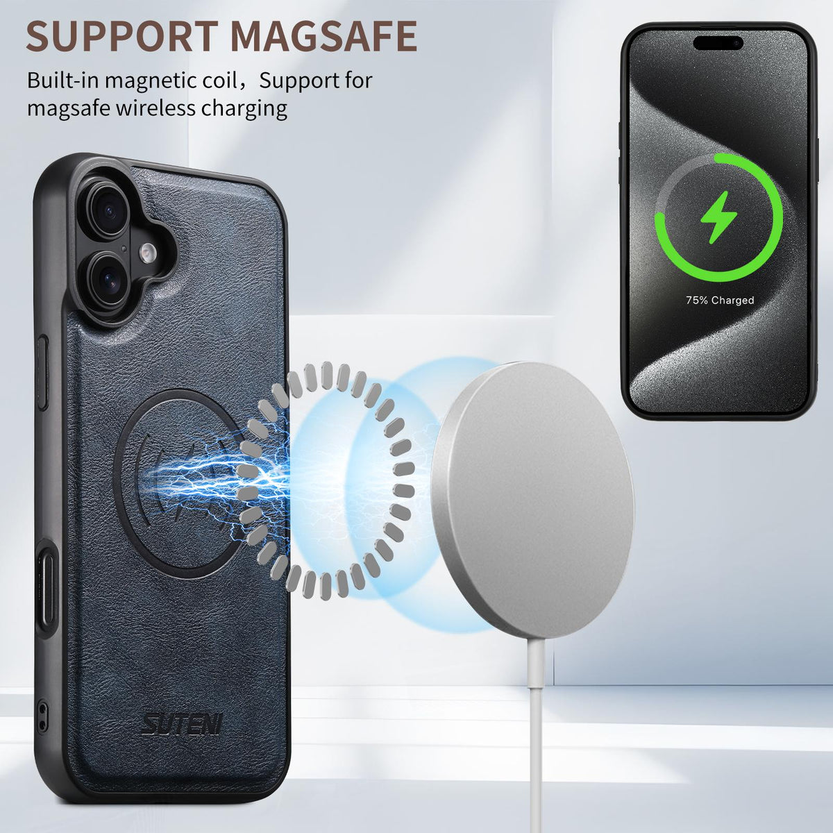 For iPhone 18 Suteni G5 Cowhide Leather MagSafe Magnetic Phone Case - Blue - SYA002821625C