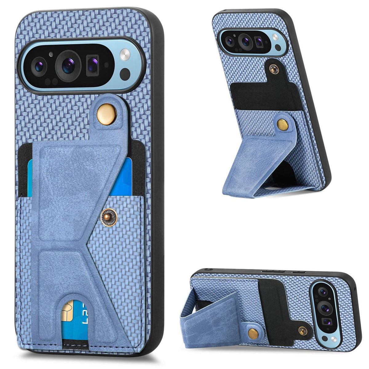 For Google Pixel 10 / 10 Pro Carbon Fiber Wallet Flip Card K-shaped Holder Phone Case - Blue - SYA002829705B