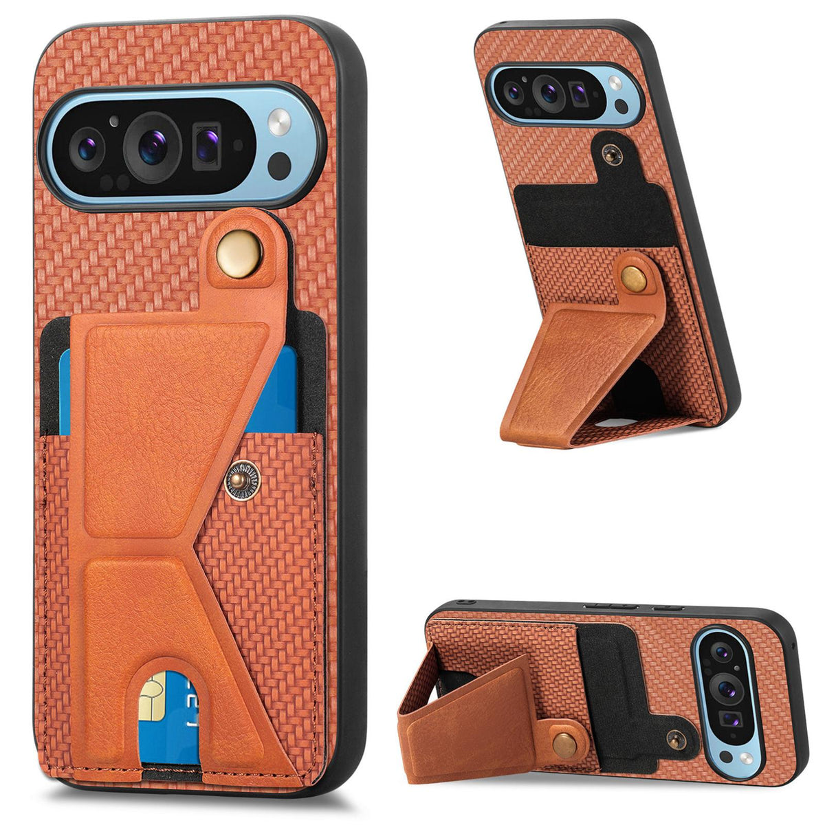 For Google Pixel 10 / 10 Pro Carbon Fiber Wallet Flip Card K-shaped Holder Phone Case - Brown - SYA002829705C