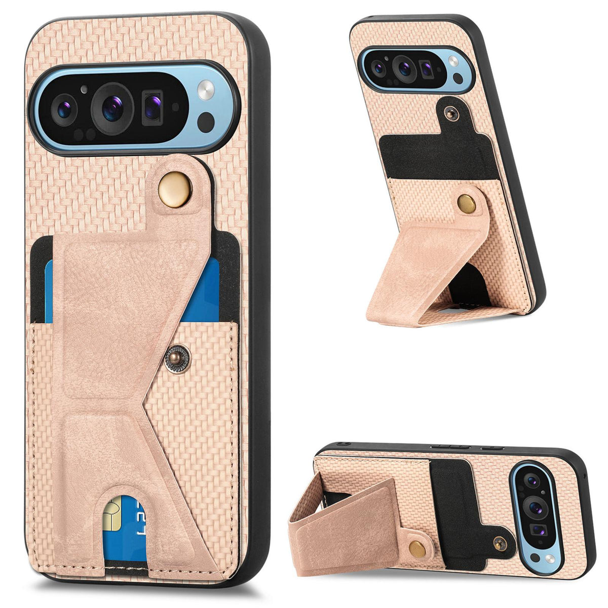 For Google Pixel 10 / 10 Pro Carbon Fiber Wallet Flip Card K-shaped Holder Phone Case - Khaki - SYA002829705E