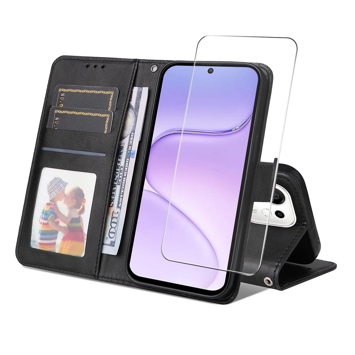 For Honor 600 Smart 5G ENKAY Card Wallet Calf Texture Leather Phone Case with Screen Film(Black)