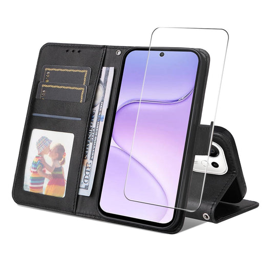 For Honor 600 Smart 5G ENKAY Card Wallet Calf Texture Leather Phone Case with Screen Film(Black)