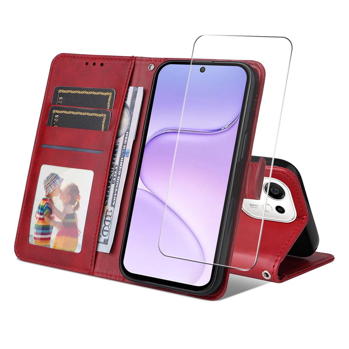 For Honor 600 Smart 5G ENKAY Card Wallet Calf Texture Leather Phone Case with Screen Film(Red)