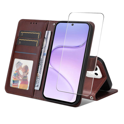 For Honor 600 Smart 5G ENKAY Card Wallet Calf Texture Leather Phone Case with Screen Film(Brown)