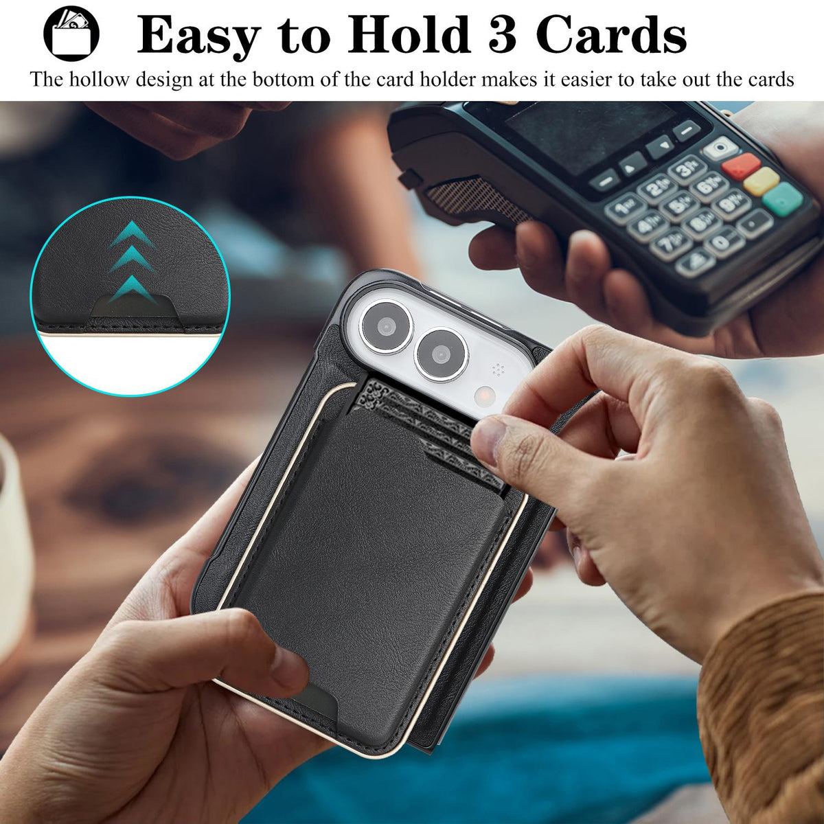 For iPhone Duo Kalebol Slim MagSafe Ring Magnetic Card Bag Leather Phone Case - Black - SYA002963105A