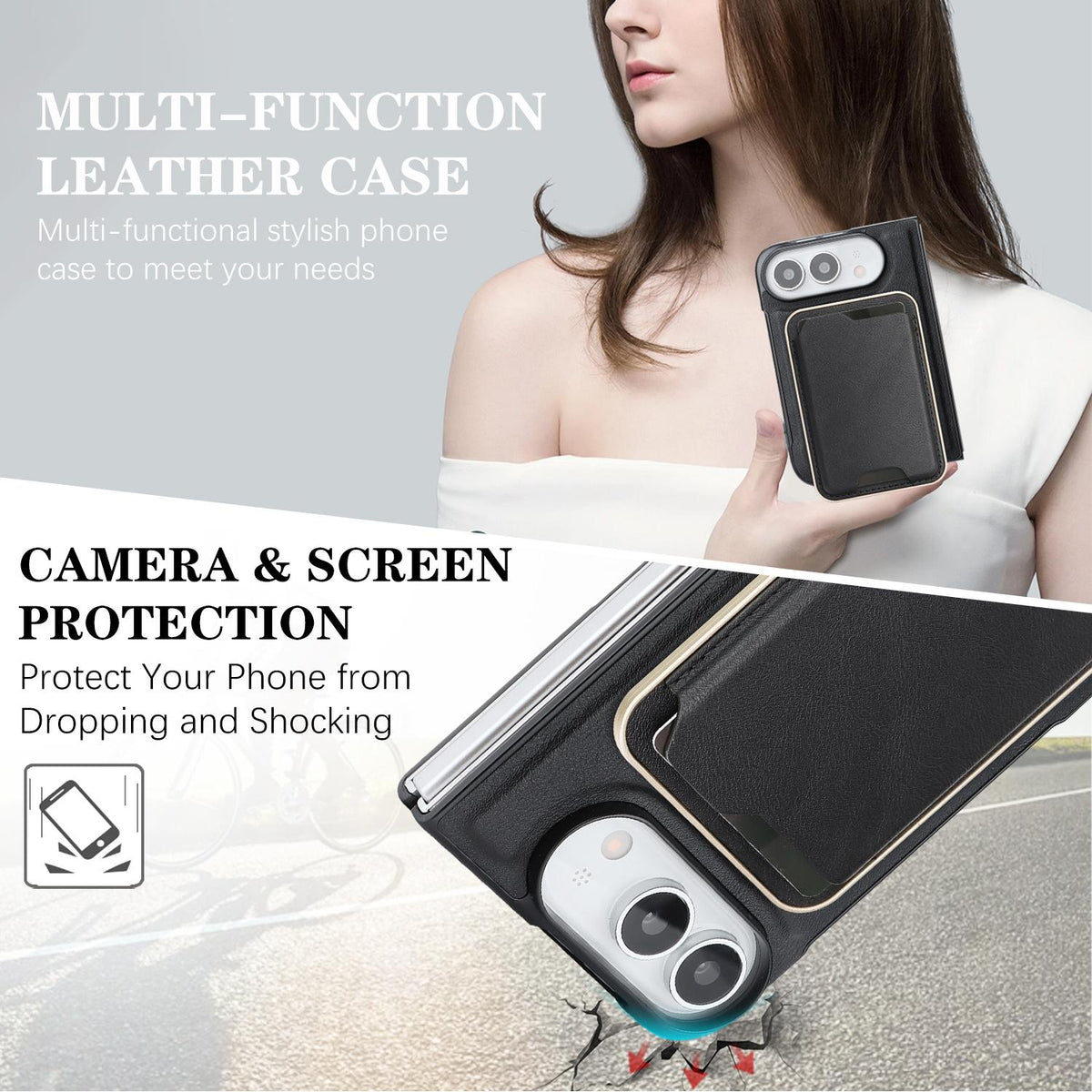 For iPhone Duo Kalebol Slim MagSafe Ring Magnetic Card Bag Leather Phone Case - Black - SYA002963105A