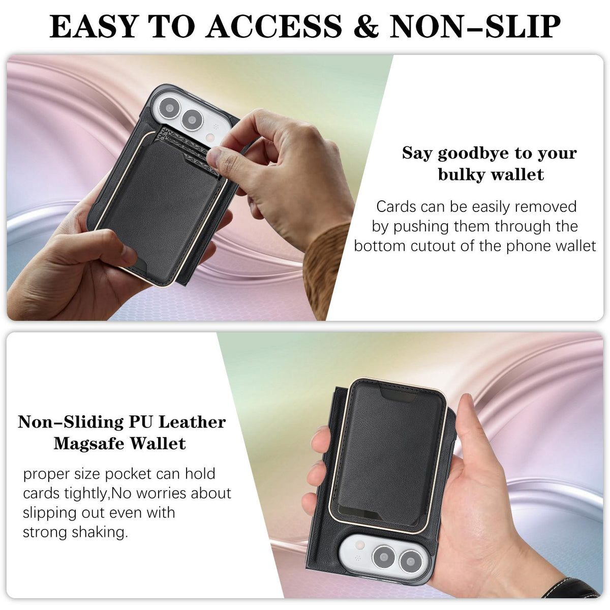 For iPhone Duo Kalebol Slim MagSafe Ring Magnetic Card Bag Leather Phone Case - Black - SYA002963105A