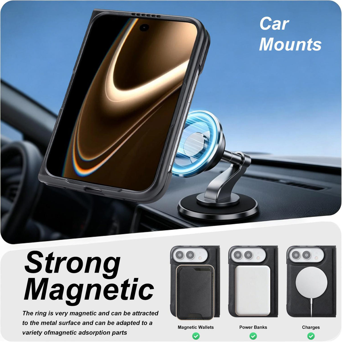 For iPhone Duo Kalebol Slim MagSafe Ring Magnetic Card Bag Leather Phone Case - Black - SYA002963105A
