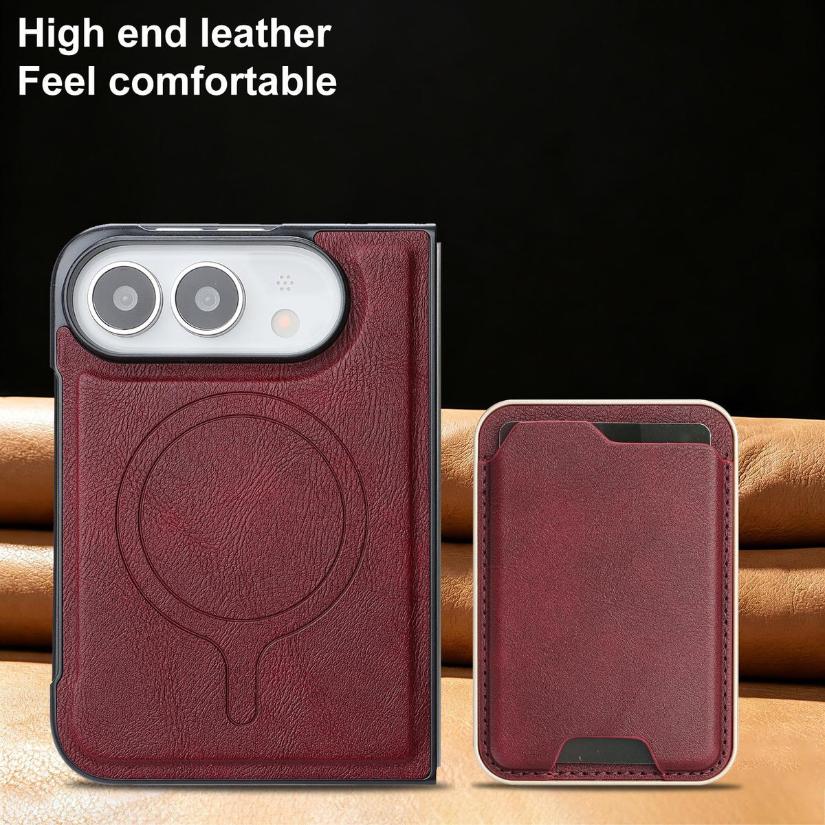 For iPhone Duo Kalebol Slim MagSafe Ring Magnetic Card Bag Leather Phone Case - Red - SYA002963105C