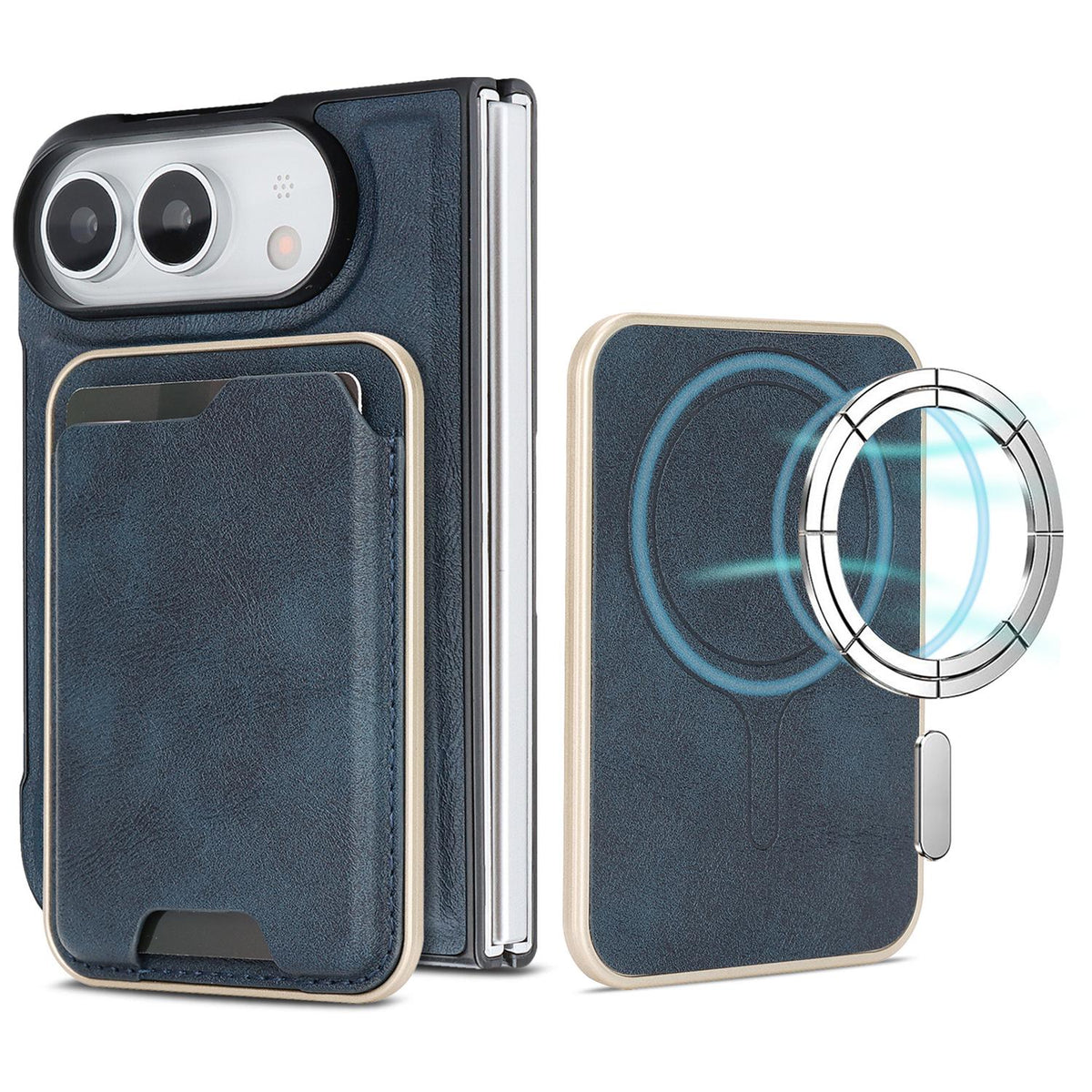 For iPhone Duo Kalebol Slim MagSafe Ring Magnetic Card Bag Leather Phone Case - Blue - SYA002963105D