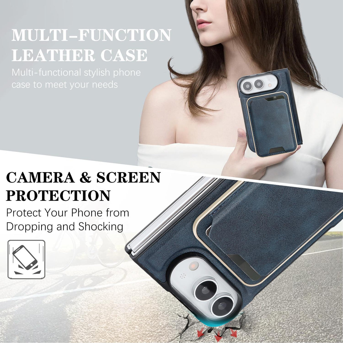 For iPhone Duo Kalebol Slim MagSafe Ring Magnetic Card Bag Leather Phone Case - Blue - SYA002963105D