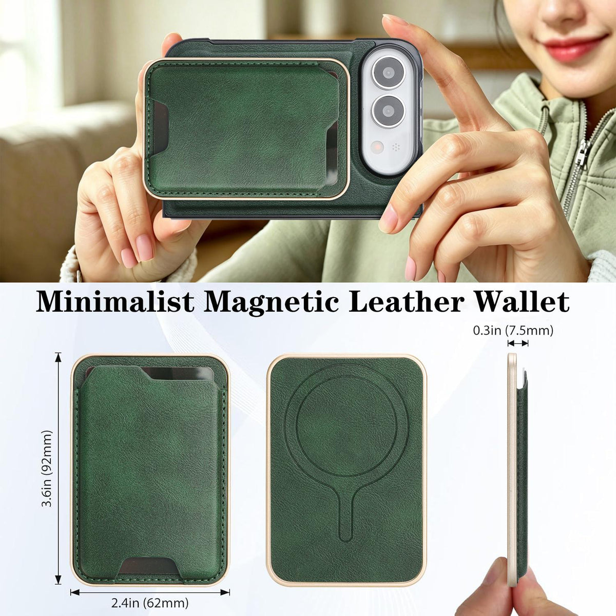 For iPhone Duo Kalebol Slim MagSafe Ring Magnetic Card Bag Leather Phone Case - Green - SYA002963105E