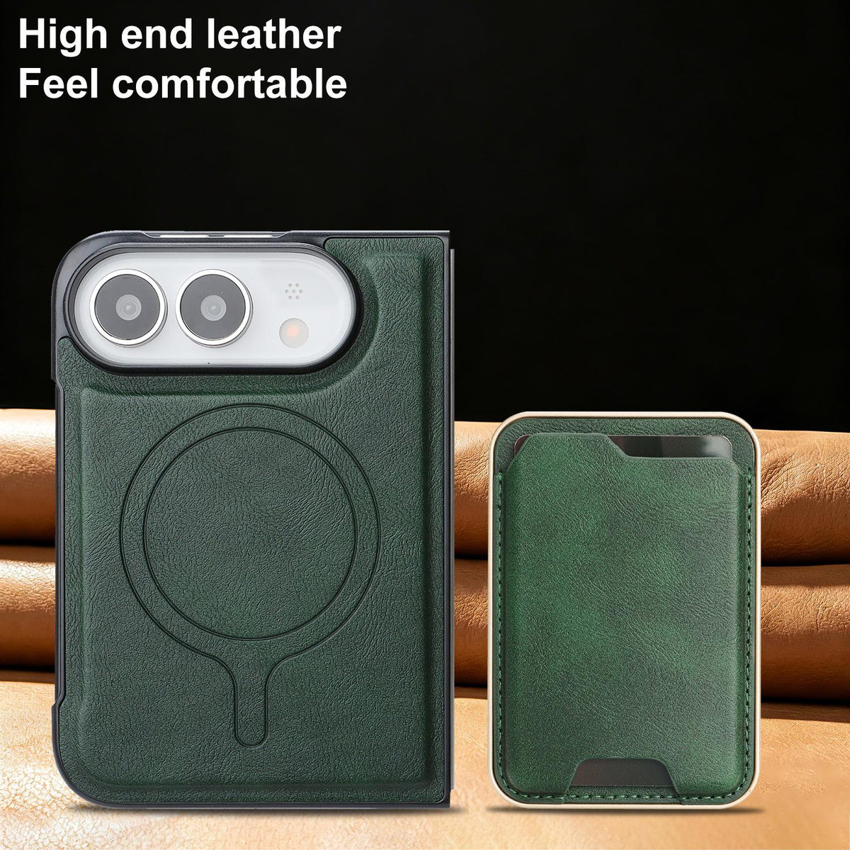 For iPhone Duo Kalebol Slim MagSafe Ring Magnetic Card Bag Leather Phone Case - Green - SYA002963105E