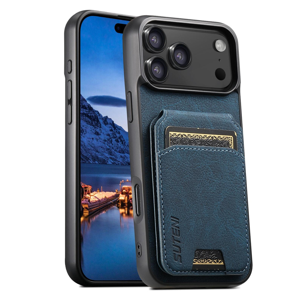 For iPhone 18 Pro Suteni H02 Litchi Leather Card Wallet Stand Back Phone Case - Blue - SYA003022406C