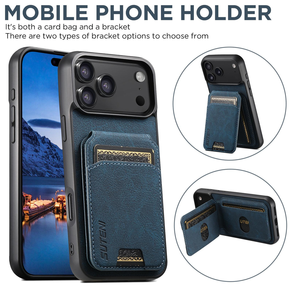 For iPhone 18 Pro Suteni H02 Litchi Leather Card Wallet Stand Back Phone Case - Blue - SYA003022406C