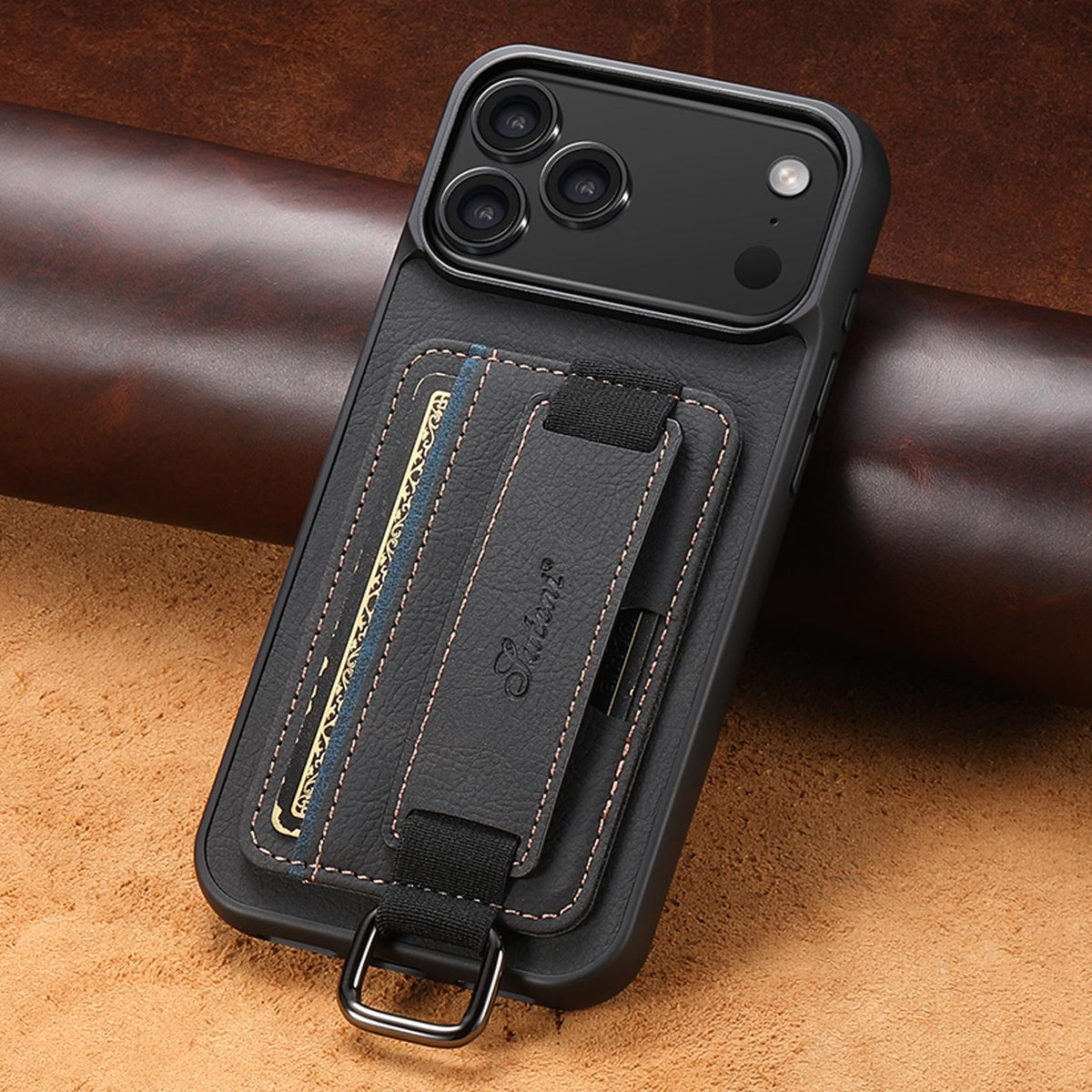 For iPhone 18 Pro Max Suteni H13 Litchi Leather Wrist Strap Wallet Back Phone Case - Black - SYA003024305A