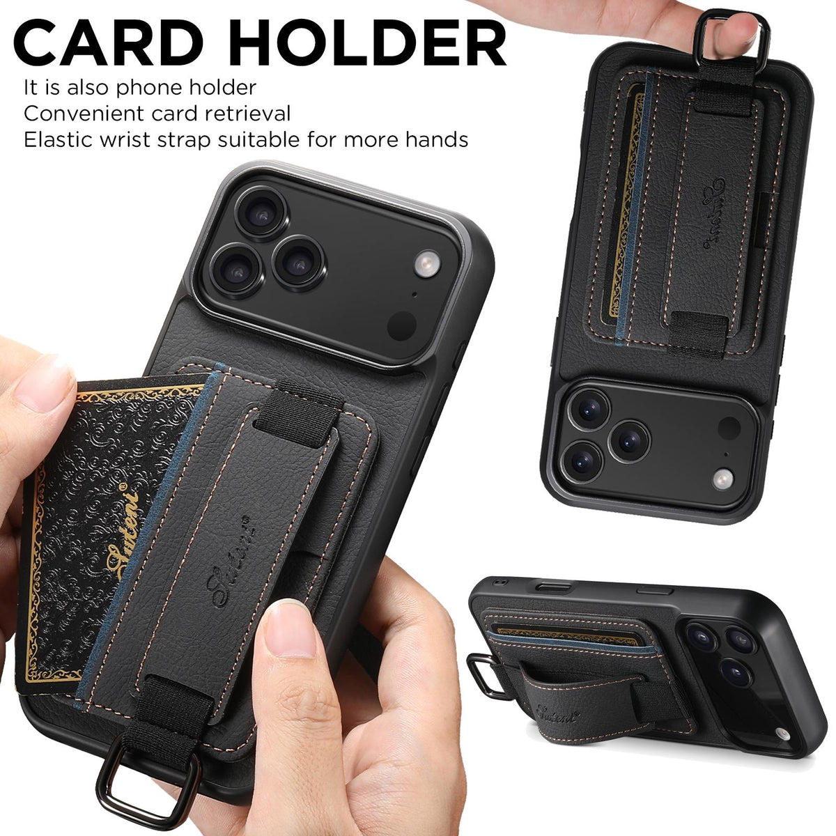 For iPhone 18 Pro Max Suteni H13 Litchi Leather Wrist Strap Wallet Back Phone Case - Black - SYA003024305A