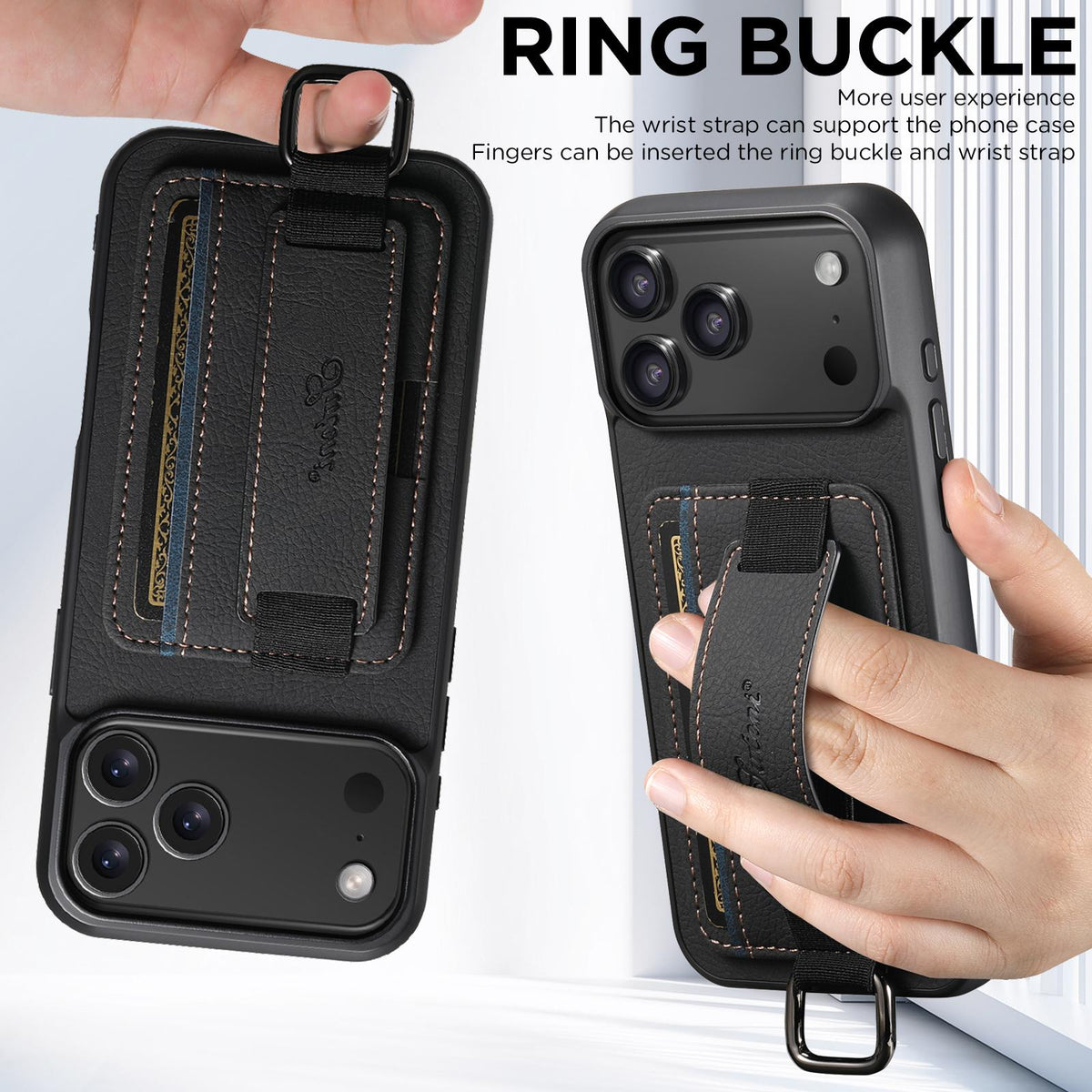 For iPhone 18 Pro Max Suteni H13 Litchi Leather Wrist Strap Wallet Back Phone Case - Black - SYA003024305A