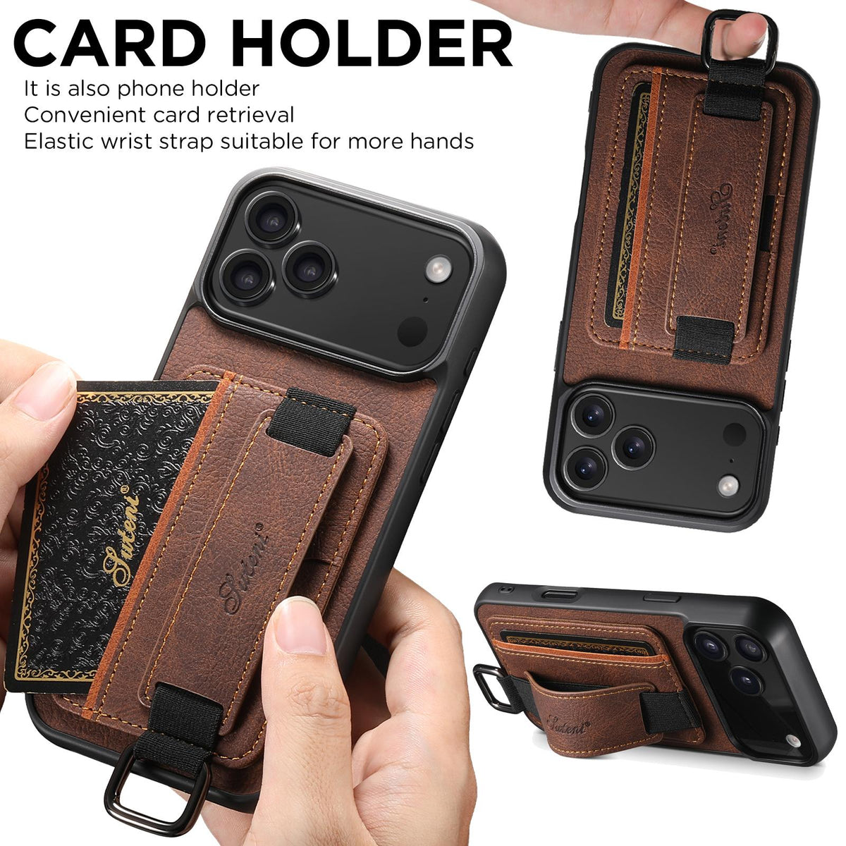 For iPhone 18 Pro Max Suteni H13 Litchi Leather Wrist Strap Wallet Back Phone Case - Brown - SYA003024305B