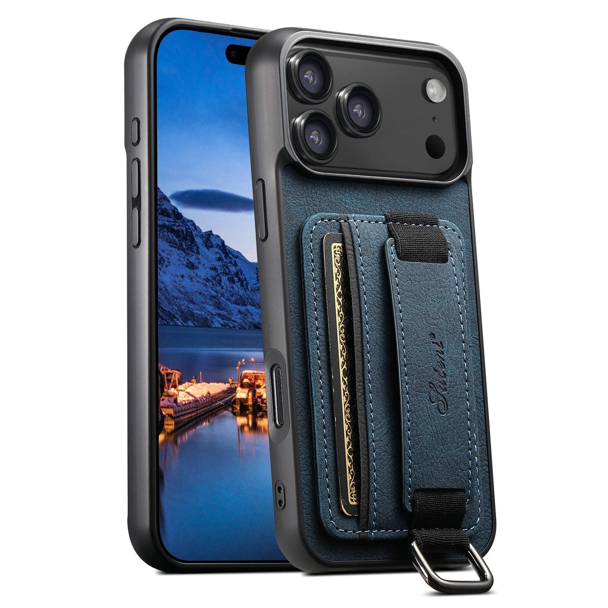 For iPhone 18 Pro Max Suteni H13 Litchi Leather Wrist Strap Wallet Back Phone Case - Blue - SYA003024305C