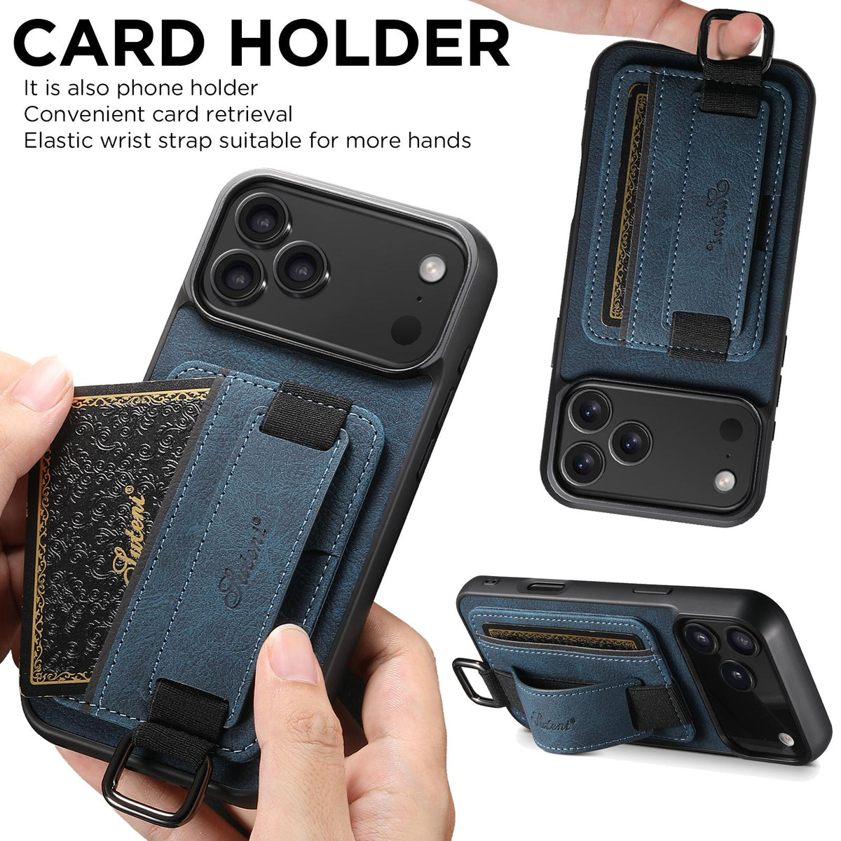 For iPhone 18 Pro Max Suteni H13 Litchi Leather Wrist Strap Wallet Back Phone Case - Blue - SYA003024305C