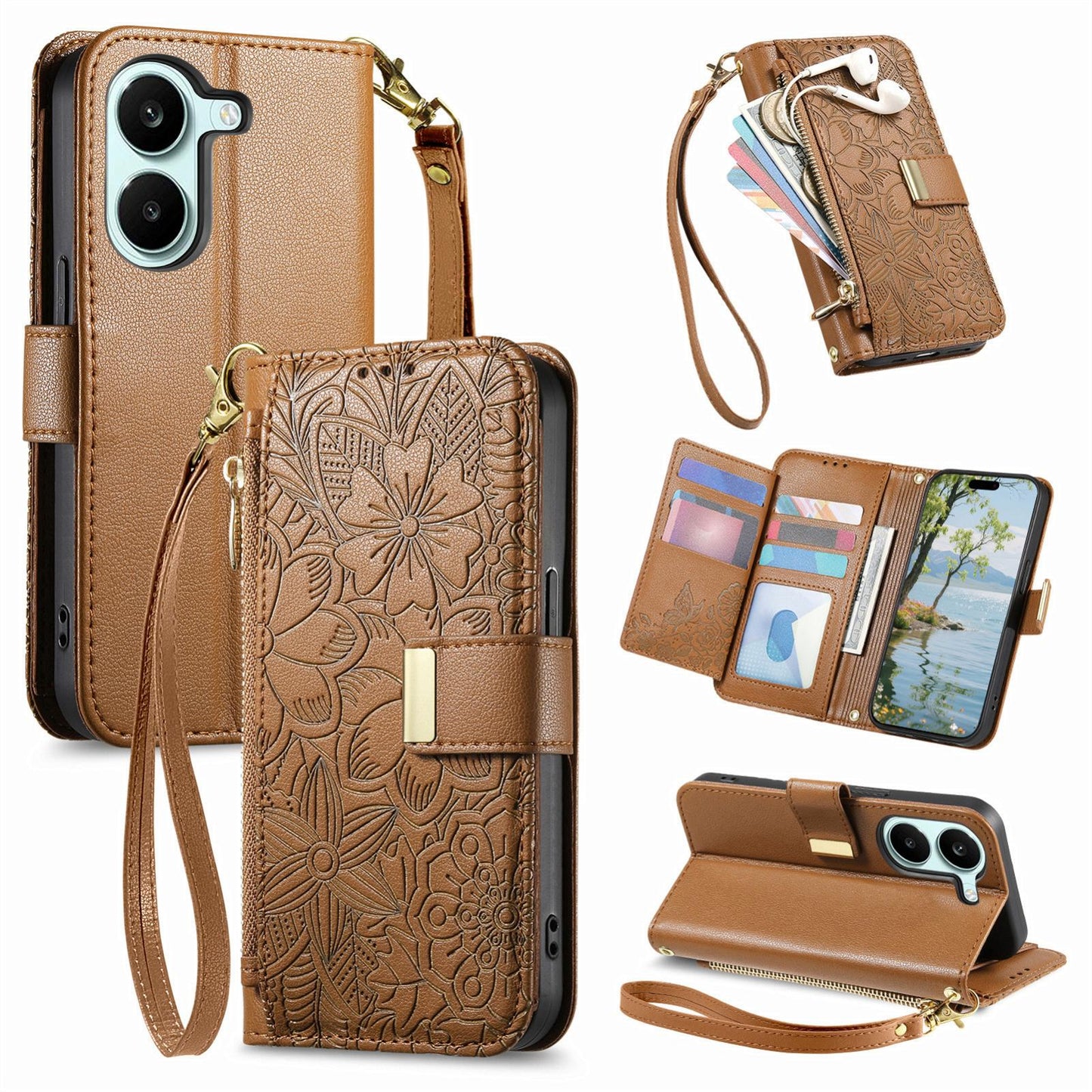 For Honor Play 80 Plus 5G Flowers Leaves Zipper Wallet Leather Phone Case with Strap(Brown)