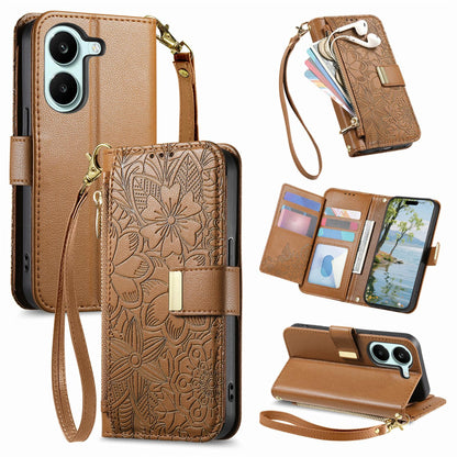 For Honor Play 80 Plus 5G Flowers Leaves Zipper Wallet Leather Phone Case with Strap(Brown)