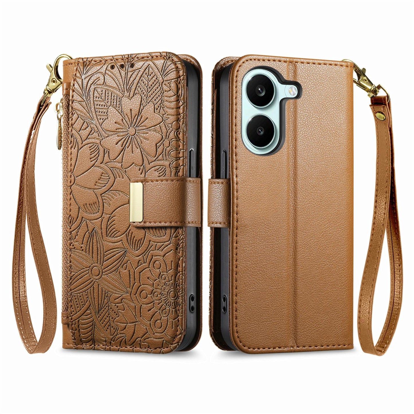 For Honor Play 80 Plus 5G Flowers Leaves Zipper Wallet Leather Phone Case with Strap(Brown)