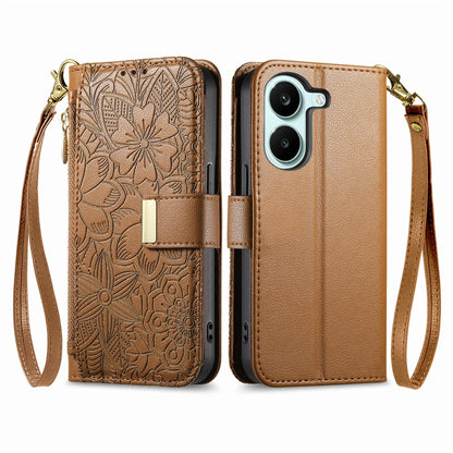 For Honor Play 80 Plus 5G Flowers Leaves Zipper Wallet Leather Phone Case with Strap(Brown)