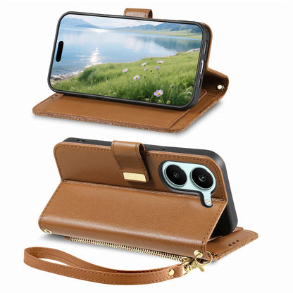 For Honor Play 80 Plus 5G Flowers Leaves Zipper Wallet Leather Phone Case with Strap(Brown)