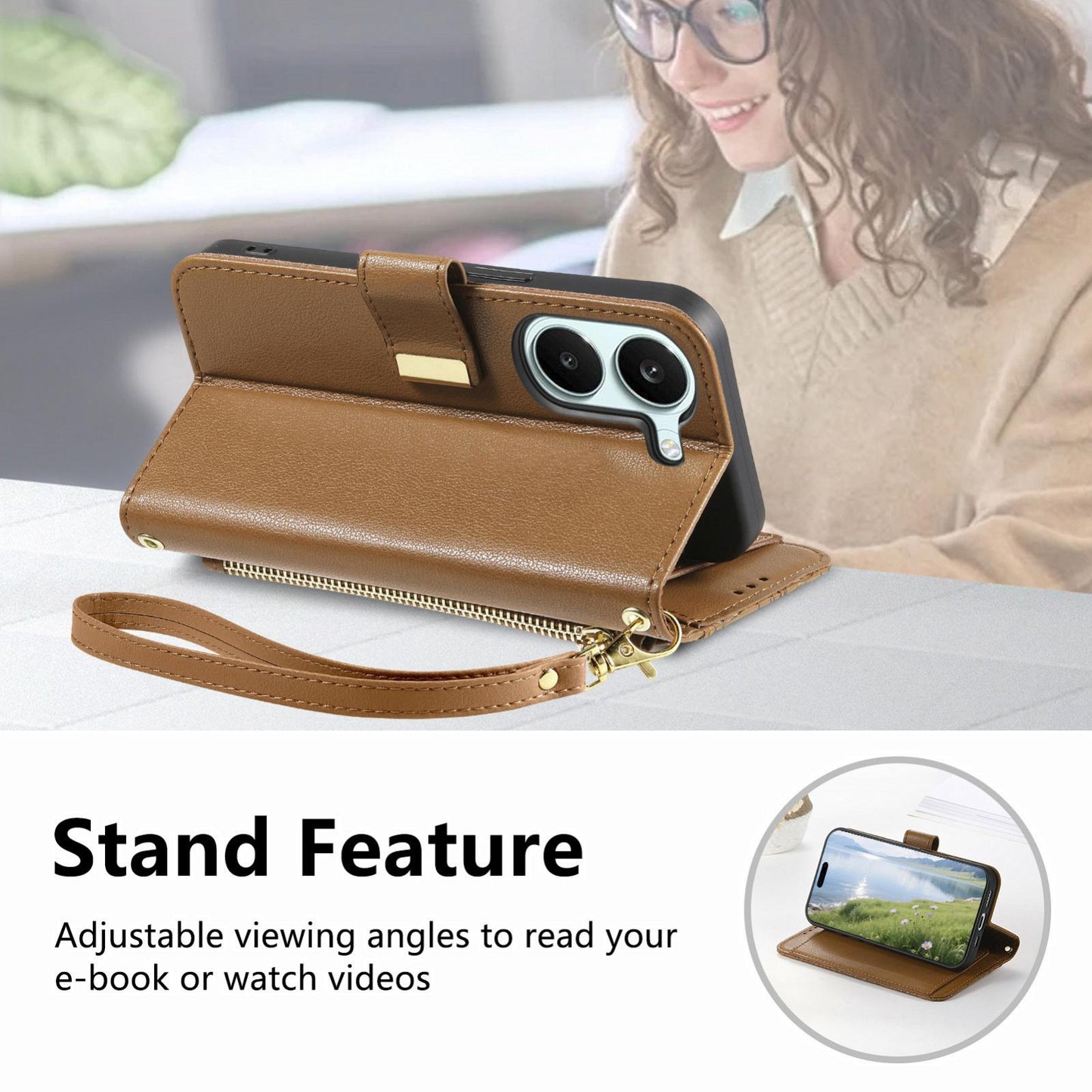 For Honor Play 80 Plus 5G Flowers Leaves Zipper Wallet Leather Phone Case with Strap(Brown)