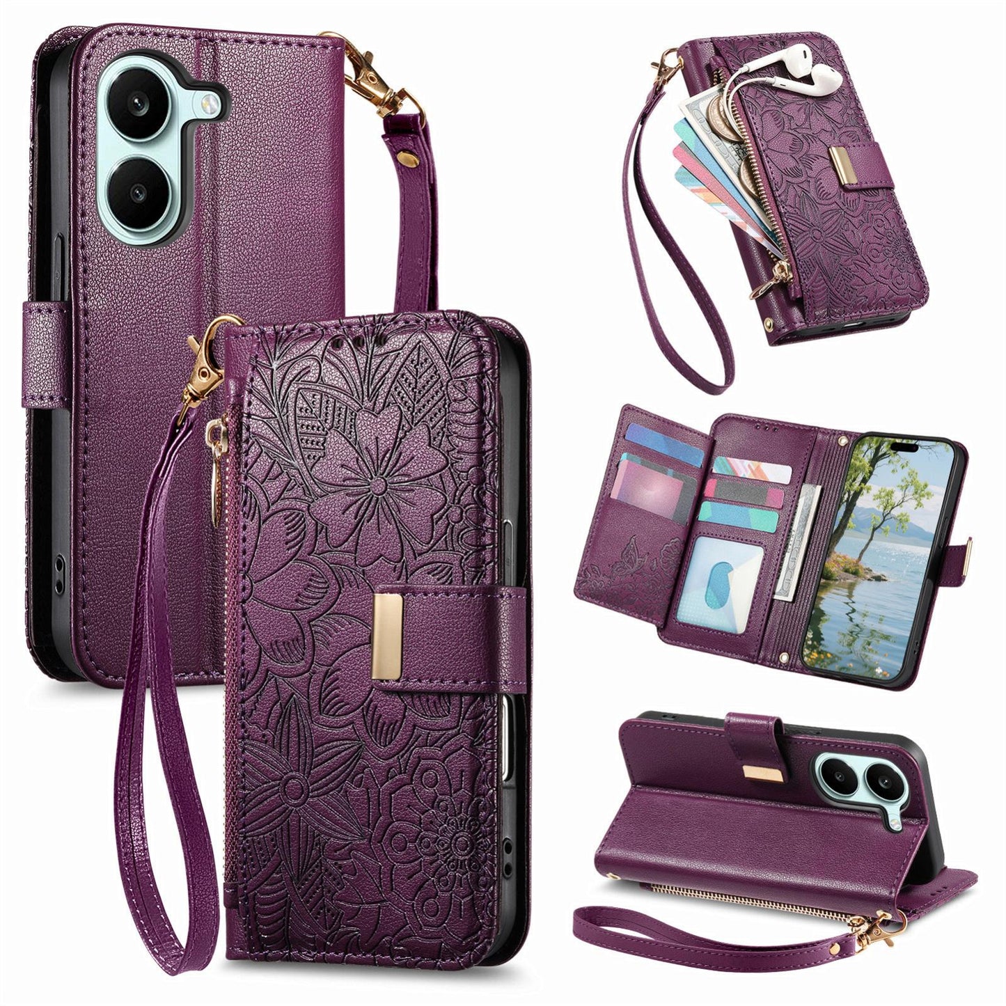 For Honor Play 80 Plus 5G Flowers Leaves Zipper Wallet Leather Phone Case with Strap(Purple)