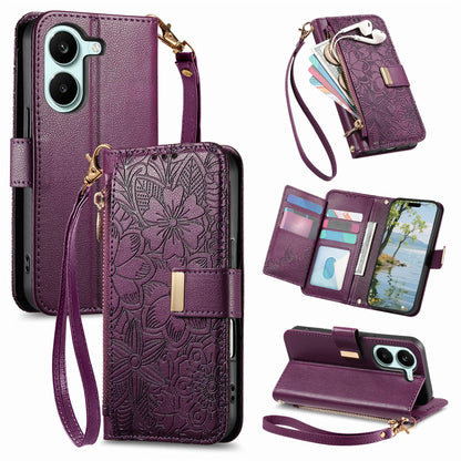 For Honor Play 80 Plus 5G Flowers Leaves Zipper Wallet Leather Phone Case with Strap(Purple)