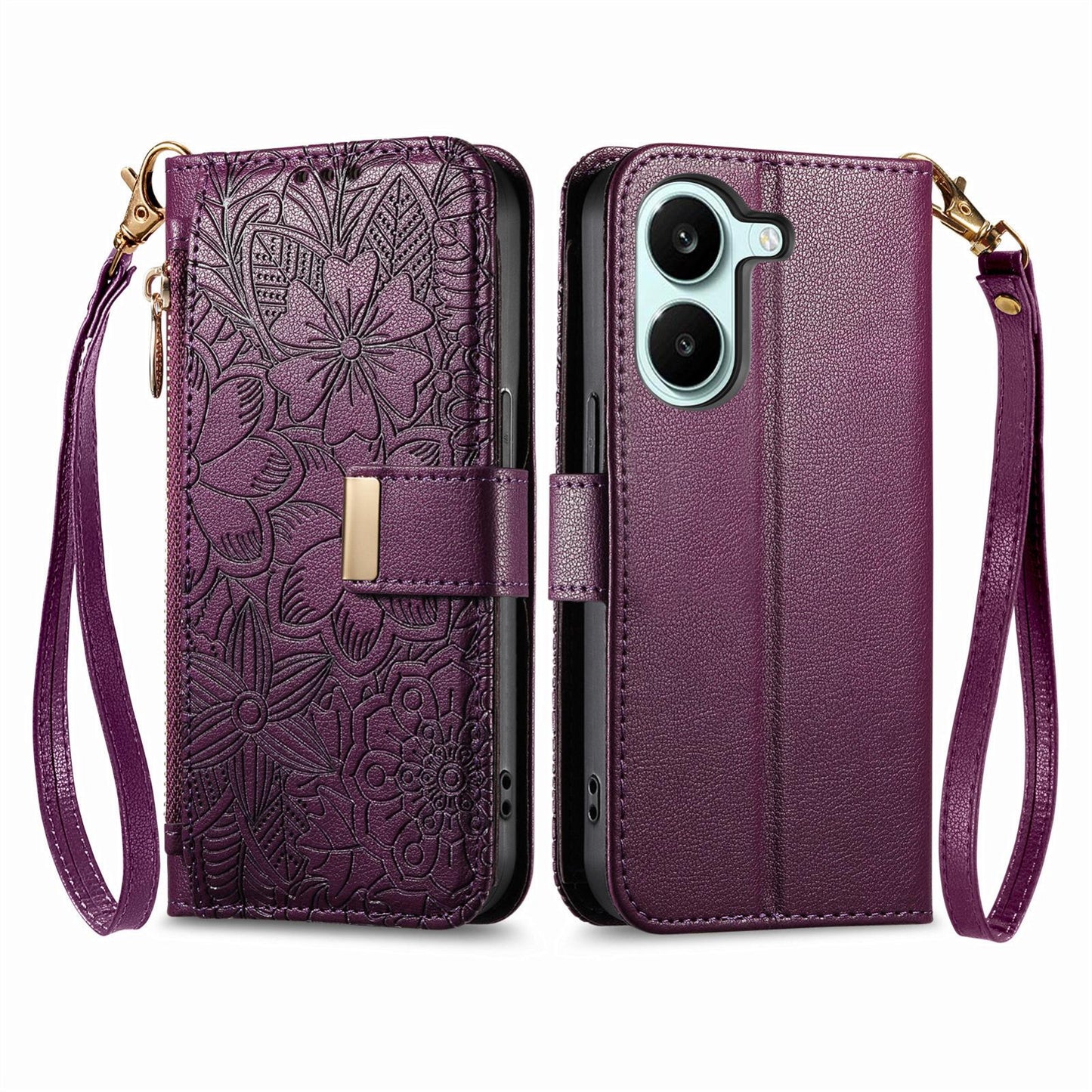 For Honor Play 80 Plus 5G Flowers Leaves Zipper Wallet Leather Phone Case with Strap(Purple)