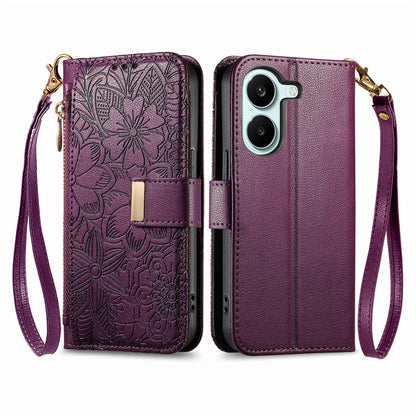 For Honor Play 80 Plus 5G Flowers Leaves Zipper Wallet Leather Phone Case with Strap(Purple)