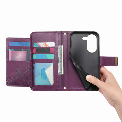 For Honor Play 80 Plus 5G Flowers Leaves Zipper Wallet Leather Phone Case with Strap(Purple)