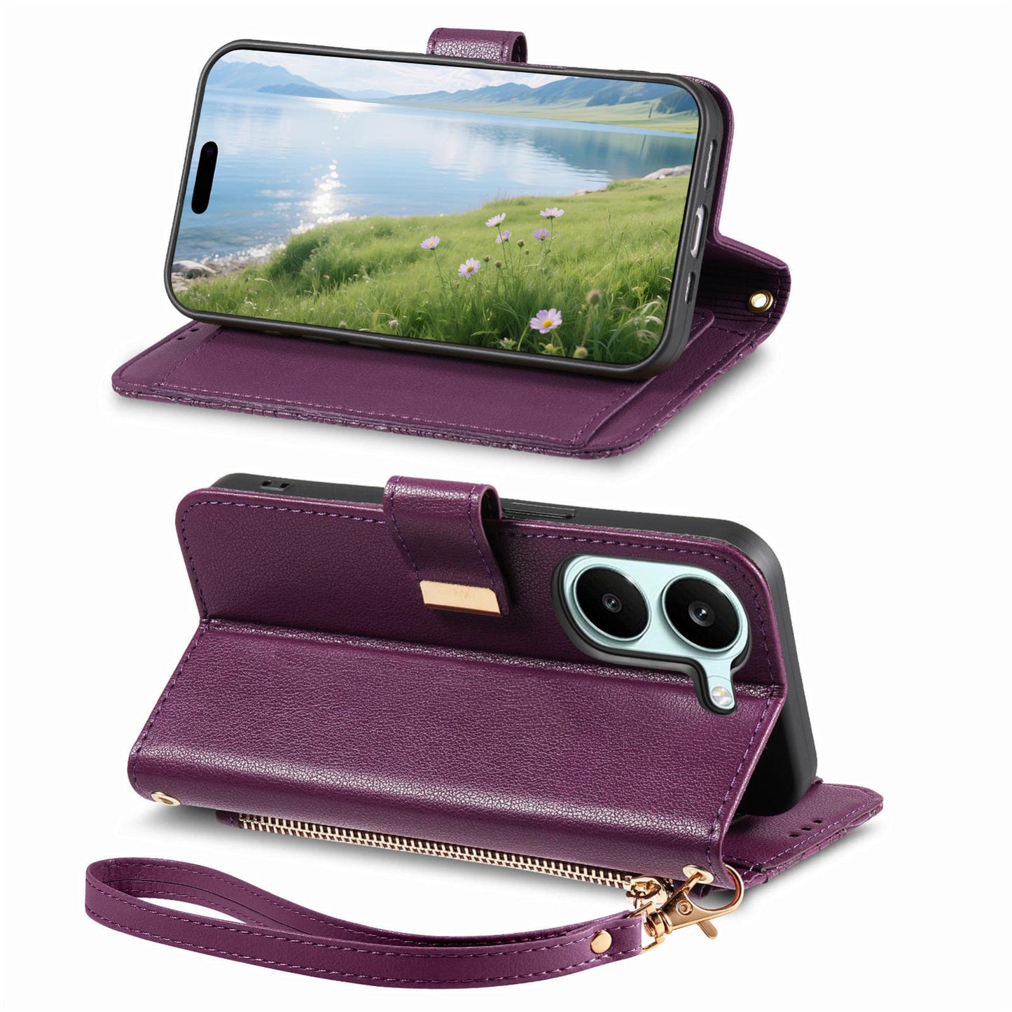 For Honor Play 80 Plus 5G Flowers Leaves Zipper Wallet Leather Phone Case with Strap(Purple)