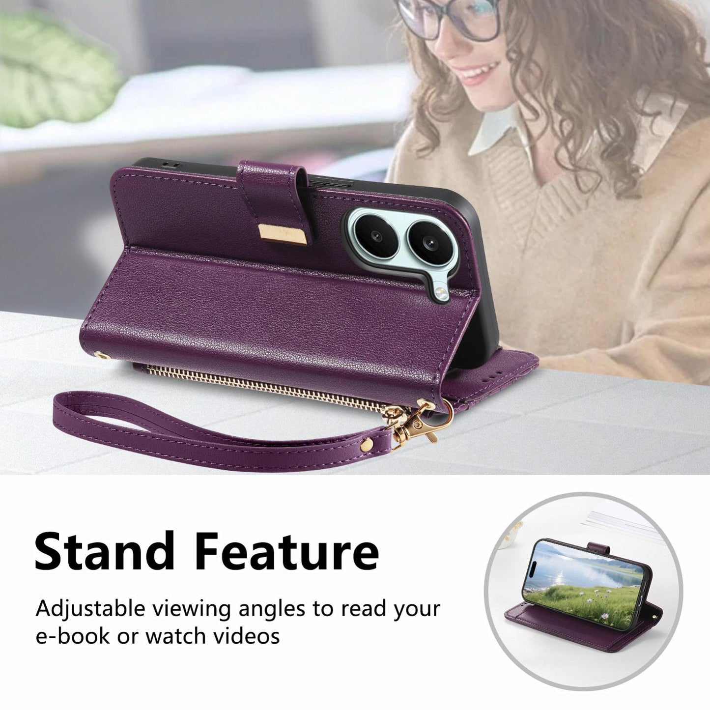 For Honor Play 80 Plus 5G Flowers Leaves Zipper Wallet Leather Phone Case with Strap(Purple)