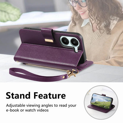 For Honor Play 80 Plus 5G Flowers Leaves Zipper Wallet Leather Phone Case with Strap(Purple)