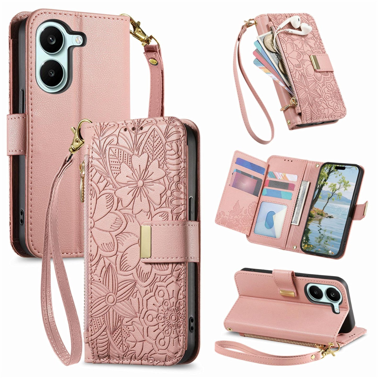 For Honor Play 80 Plus 5G Flowers Leaves Zipper Wallet Leather Phone Case with Strap(Pink)