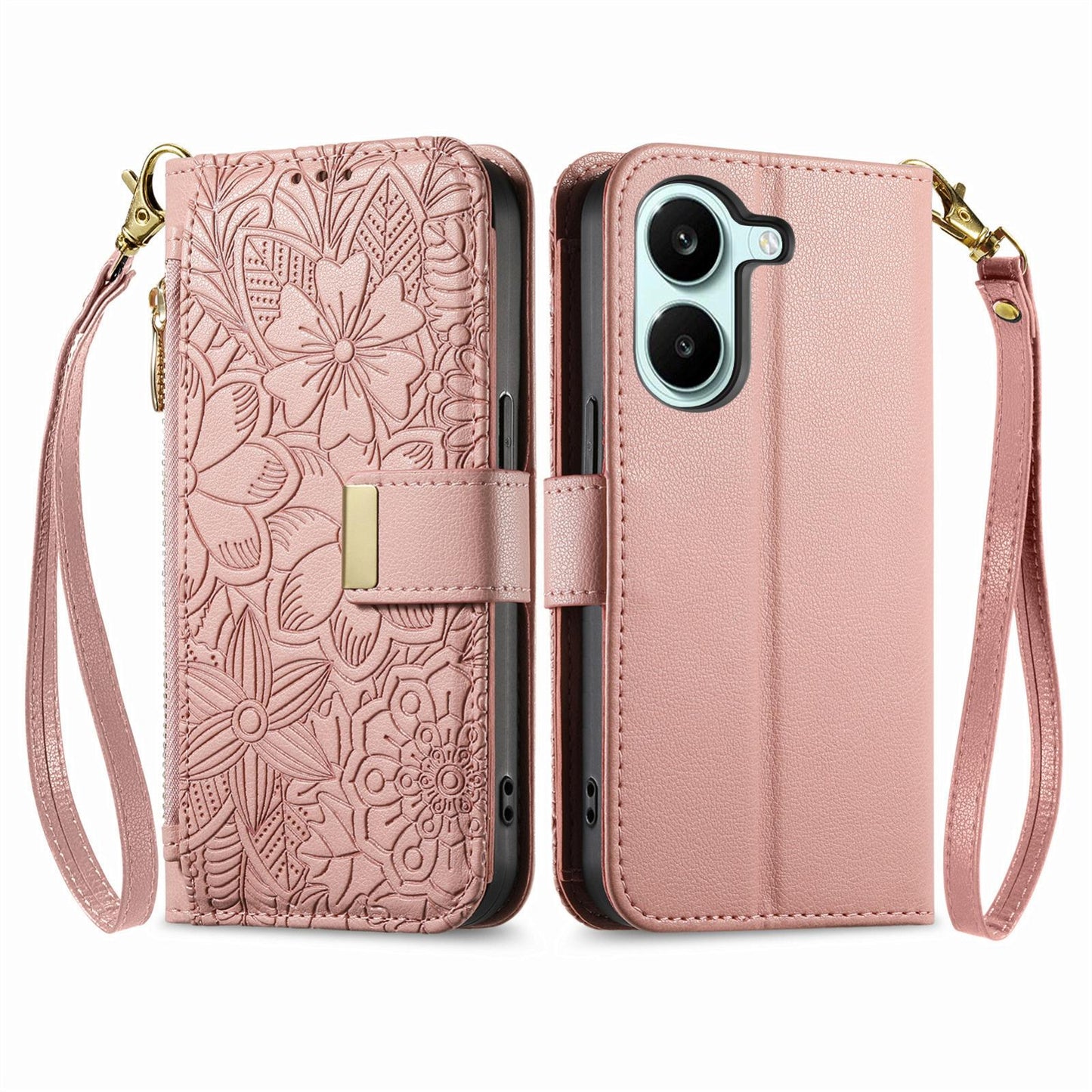 For Honor Play 80 Plus 5G Flowers Leaves Zipper Wallet Leather Phone Case with Strap(Pink)