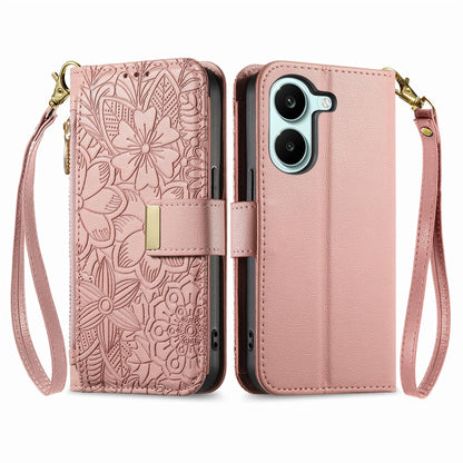 For Honor Play 80 Plus 5G Flowers Leaves Zipper Wallet Leather Phone Case with Strap(Pink)