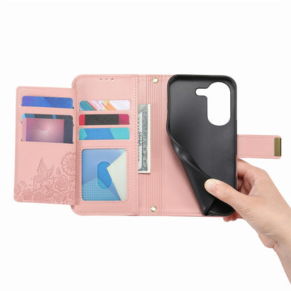 For Honor Play 80 Plus 5G Flowers Leaves Zipper Wallet Leather Phone Case with Strap(Pink)
