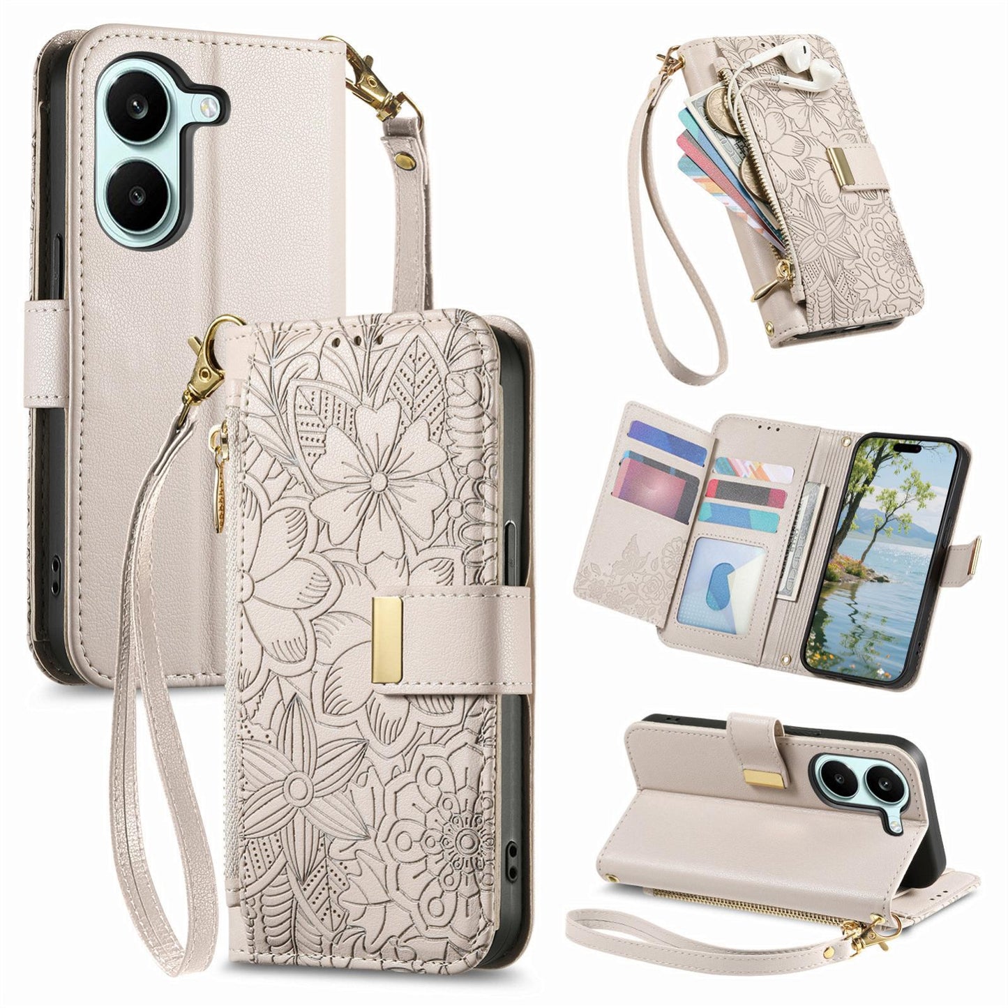 For Honor Play 80 Plus 5G Flowers Leaves Zipper Wallet Leather Phone Case with Strap(Khaki)
