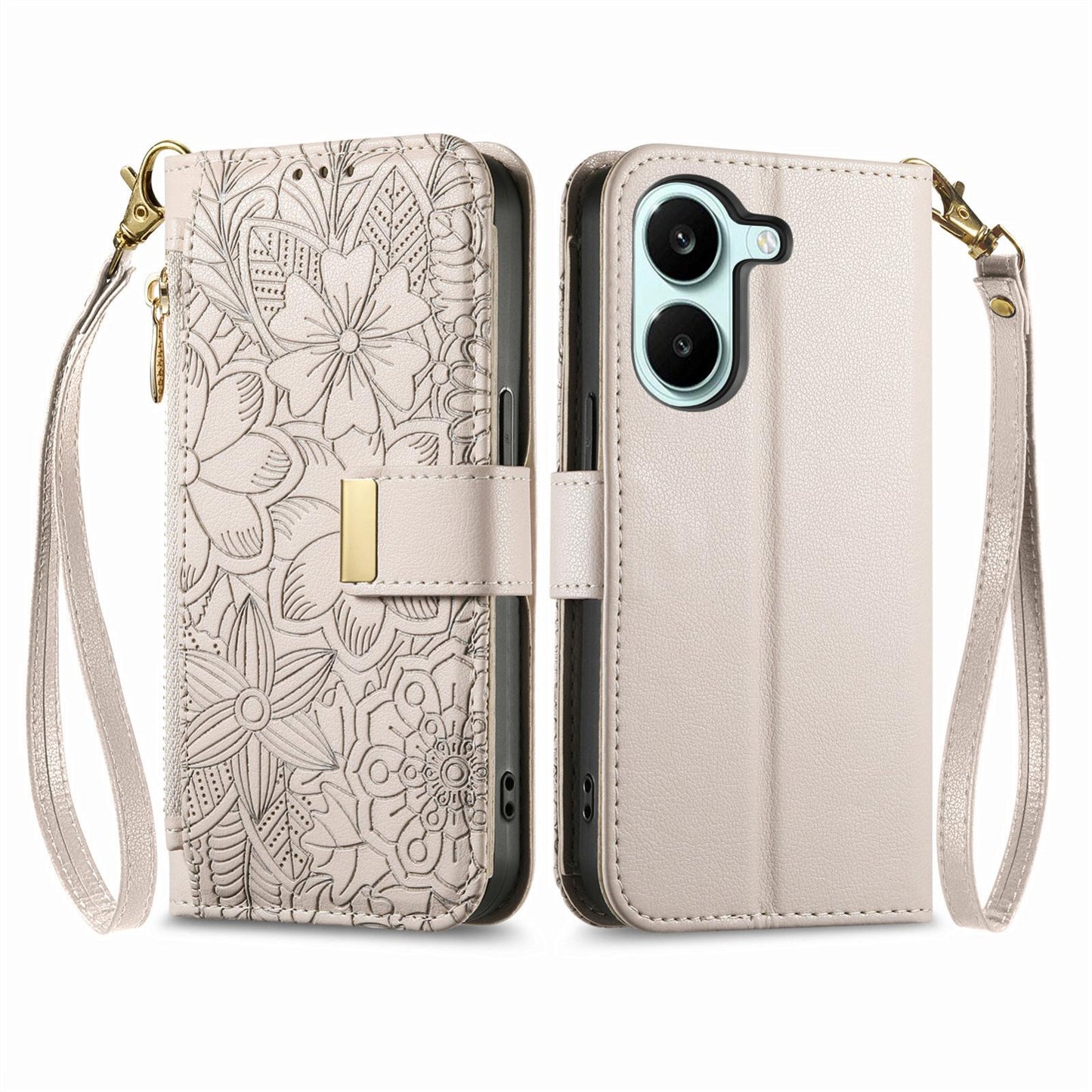 For Honor Play 80 Plus 5G Flowers Leaves Zipper Wallet Leather Phone Case with Strap(Khaki)