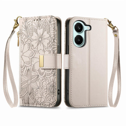 For Honor Play 80 Plus 5G Flowers Leaves Zipper Wallet Leather Phone Case with Strap(Khaki)