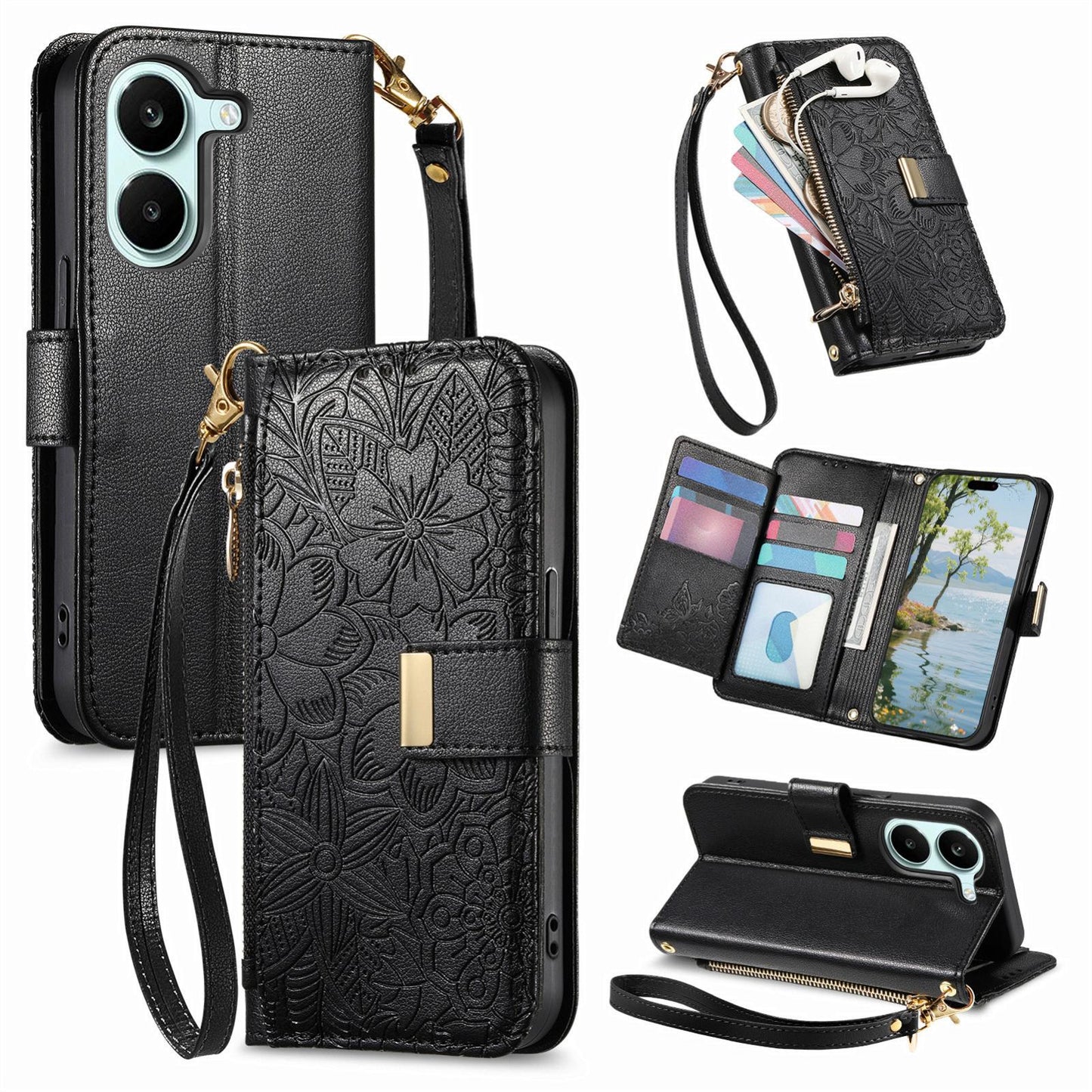 For Honor Play 80 Plus 5G Flowers Leaves Zipper Wallet Leather Phone Case with Strap(Black)