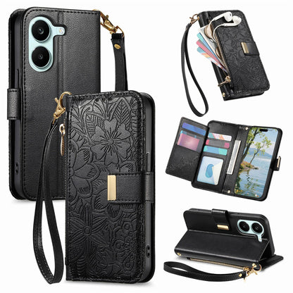 For Honor Play 80 Plus 5G Flowers Leaves Zipper Wallet Leather Phone Case with Strap(Black)