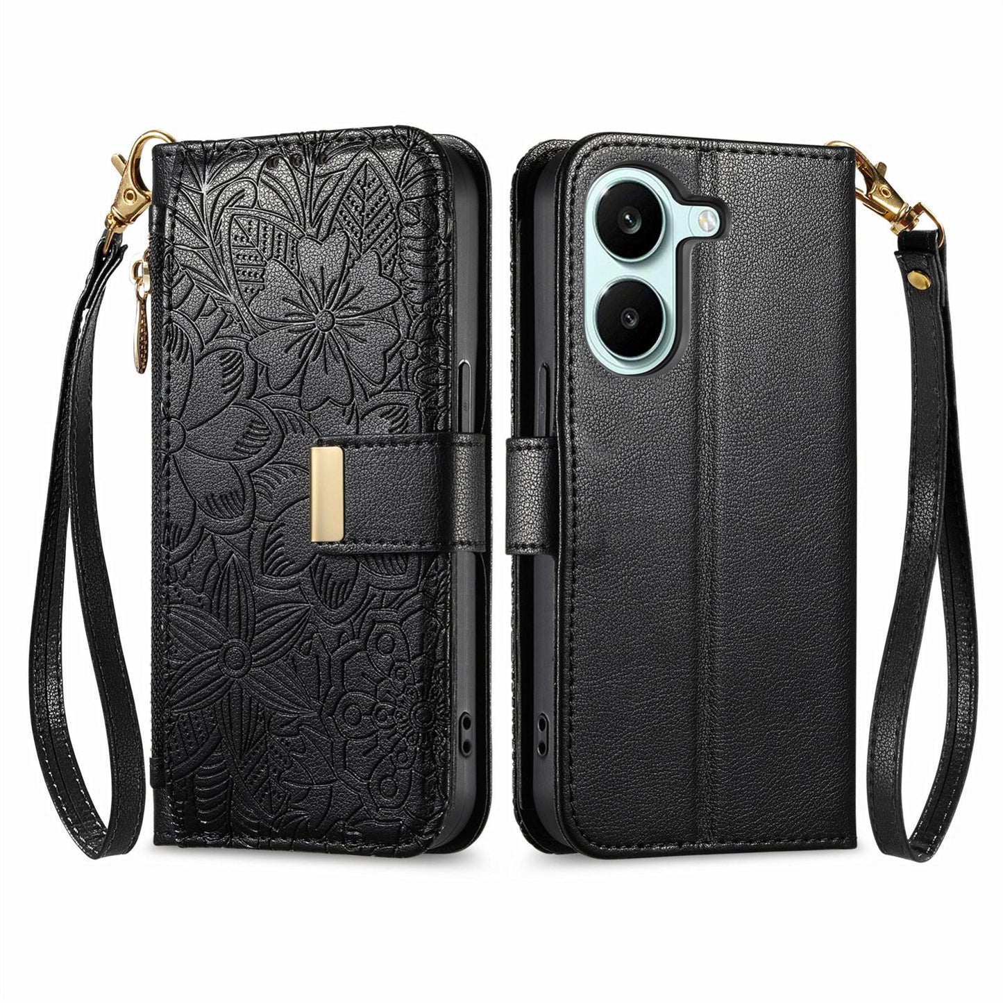 For Honor Play 80 Plus 5G Flowers Leaves Zipper Wallet Leather Phone Case with Strap(Black)