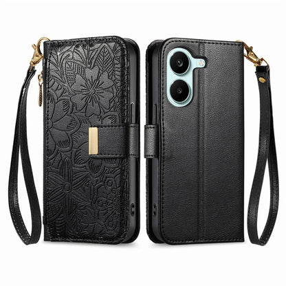 For Honor Play 80 Plus 5G Flowers Leaves Zipper Wallet Leather Phone Case with Strap(Black)